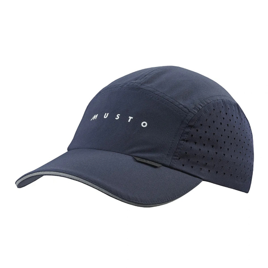 A navy blue running cap with a curved brim, featuring a white embroidered 'MUSTO' logo on the front and perforated side panels for ventilation, shown against a plain white background.