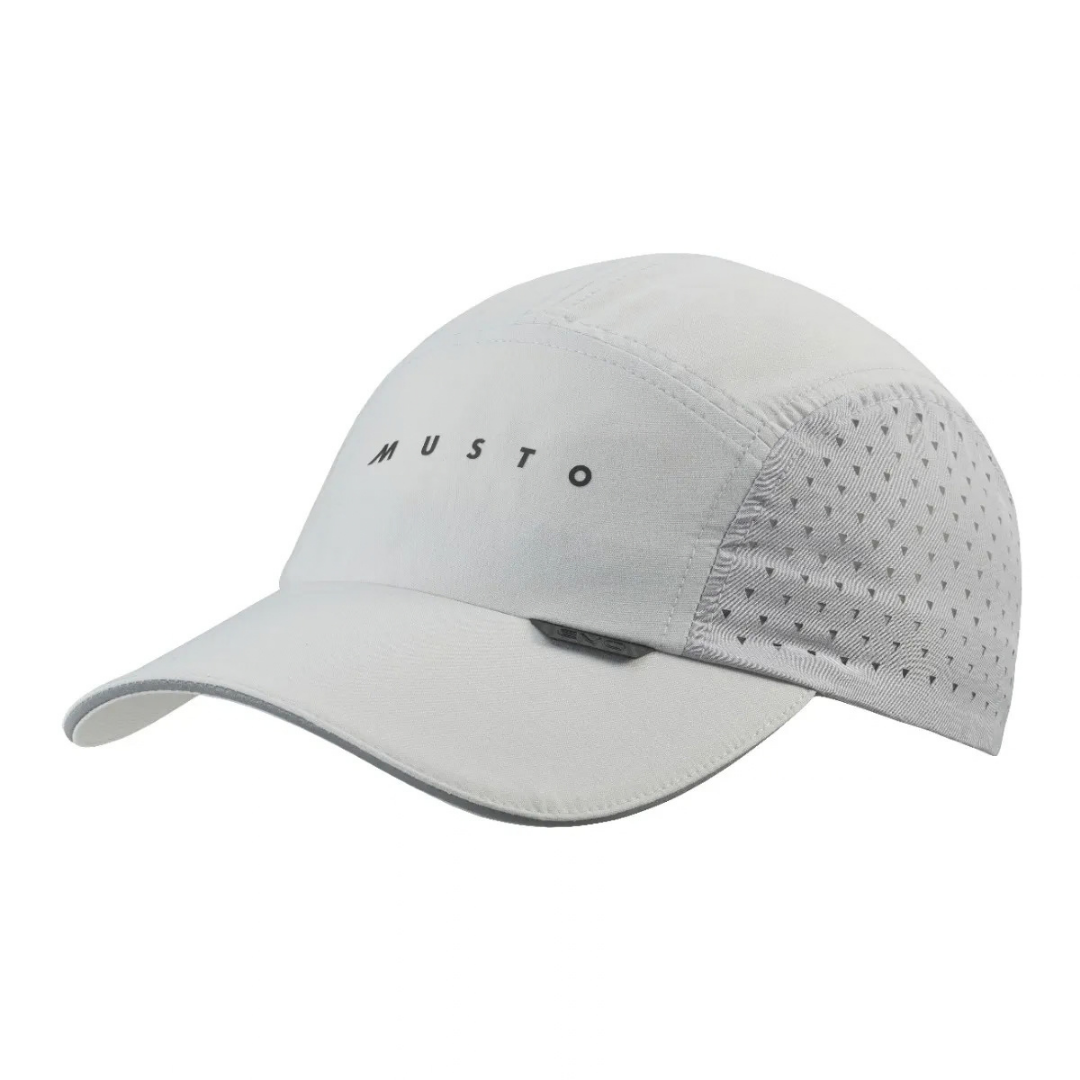 A light gray performance cap with a curved brim, featuring the word 'MUSTO' printed in black on the front panel and perforated ventilation holes on the side panels, shown against a plain white background.