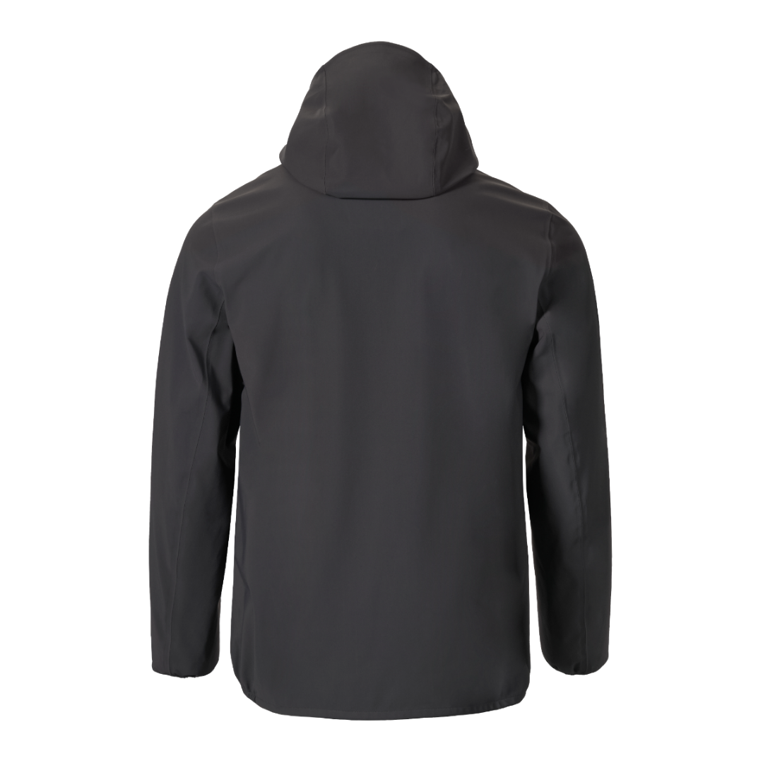 A black hooded jacket shown from the back, displayed on a clean white background.