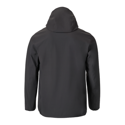 A black hooded jacket shown from the back, displayed on a clean white background.