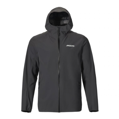 A black hooded jacket with a full front zipper and a white 'MUSTO' logo on the left chest, displayed against a solid white background.
