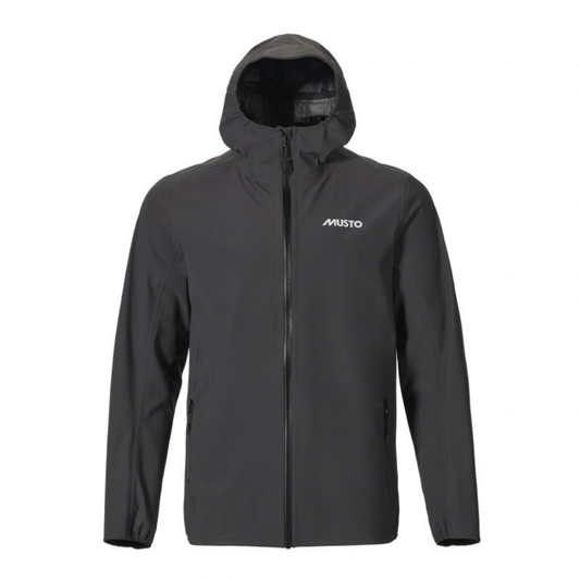 A black hooded jacket with a full front zipper and a white 'MUSTO' logo on the left chest, displayed against a solid white background.