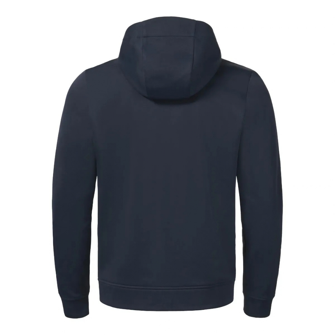 A dark navy blue hooded sweatshirt shown from the back, displayed on a clean white background.