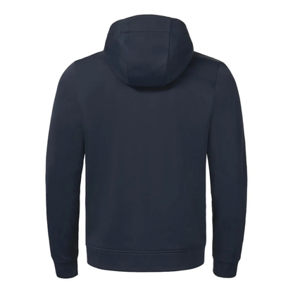 A dark navy blue hooded sweatshirt shown from the back, displayed on a clean white background.