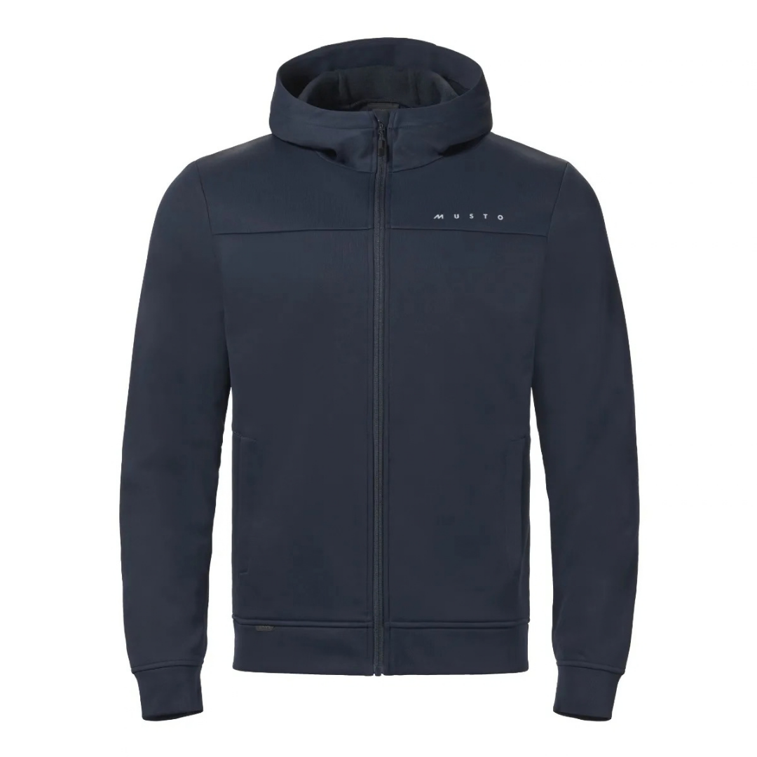 A dark navy blue zip-up hoodie with a full front zipper, ribbed cuffs and hem, and a small white 'MUNTO' logo on the left chest, shown against a plain white background.