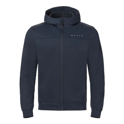 A dark navy blue zip-up hoodie with a full front zipper, ribbed cuffs and hem, and a small white 'MUNTO' logo on the left chest, shown against a plain white background.