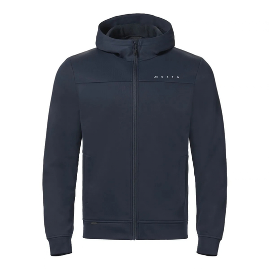 A dark navy blue zip-up hoodie with a full front zipper, ribbed cuffs and hem, and a small white 'MUNTO' logo on the left chest, shown against a plain white background.